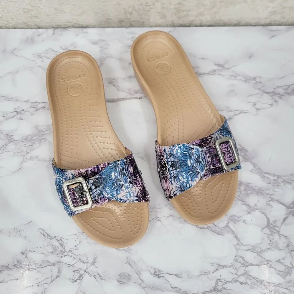 Crocs Sarah Women's Floral Slide Sandals Blue and Purple
